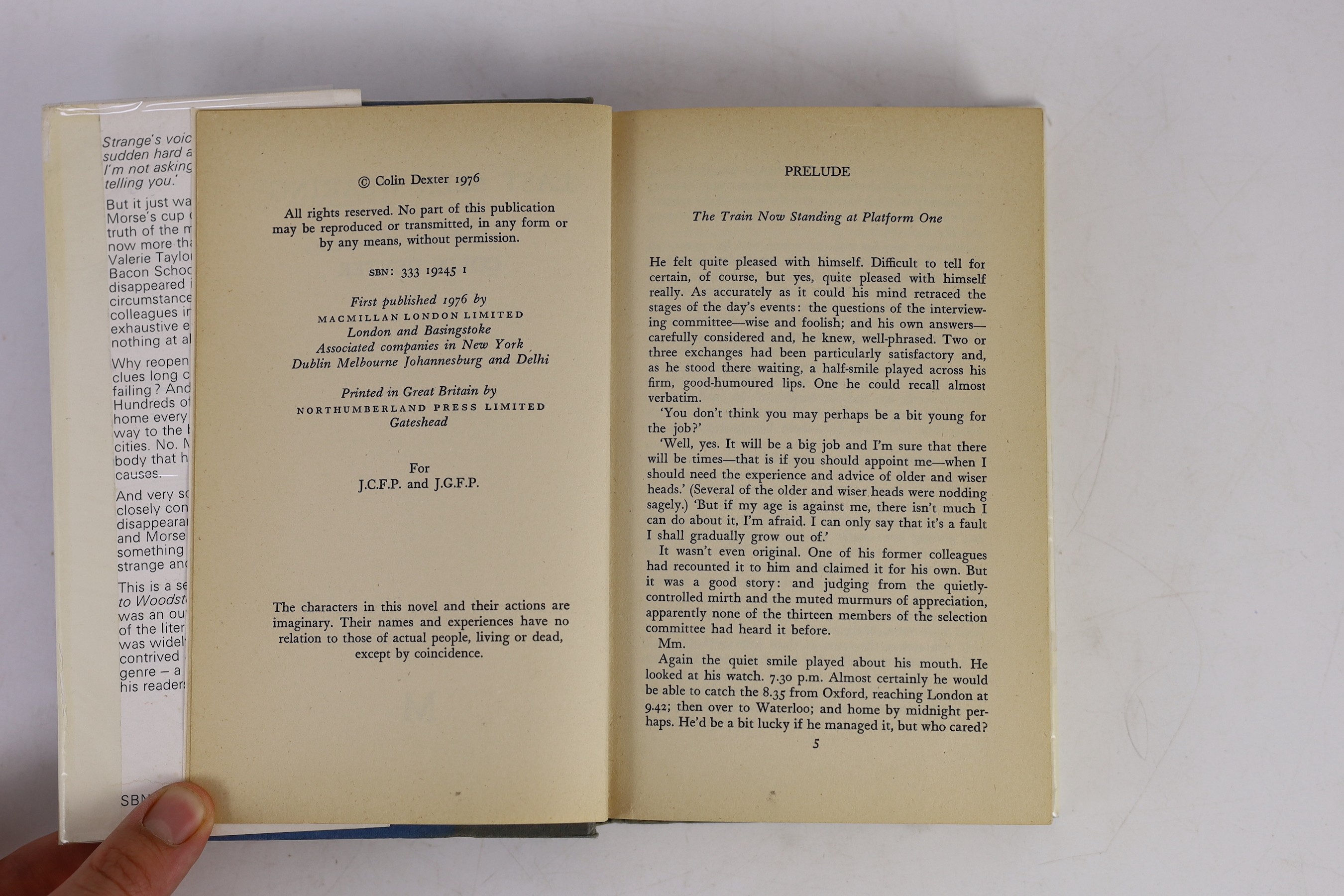 Dexter, Colin - Last Seen Wearing, 1st edition, signed on title page by author, 8vo, original cloth in unclipped d/j, with usual uniform page yellowing to text block and edges, Macmillan, London, 1976